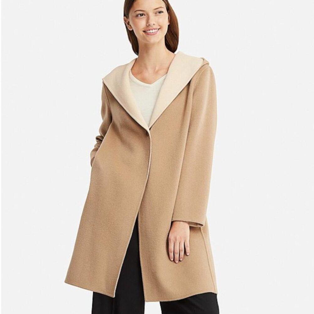 Uniqlo Women Double Face Hooded Wool Coat Tan/Beige Small